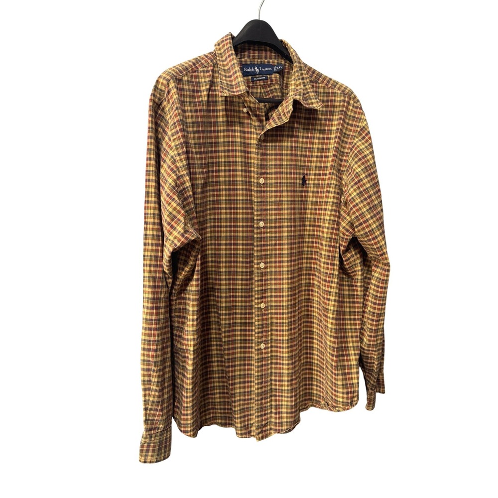 Ralph Lauren Mens‎ XXL Classic Fit Plaid Button Down Shirt Yellow Green Burgundy